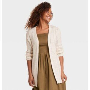 Knox Rose Women's Cable Pointelle Cardigan Heather Cream Small